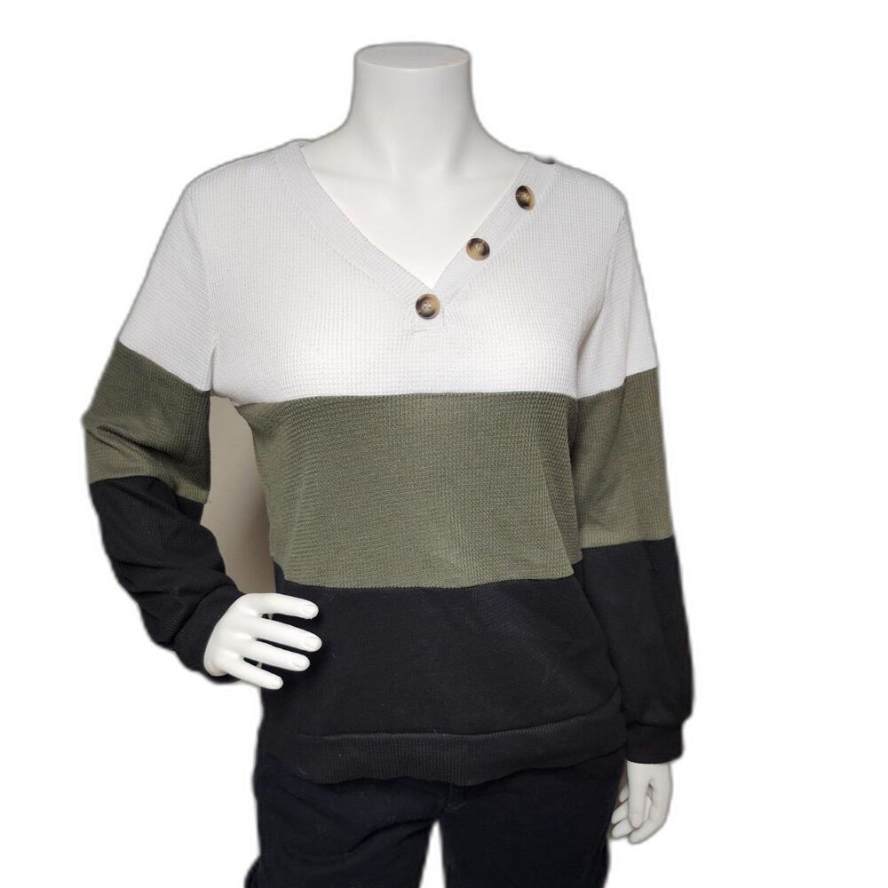 Emery Rose Colorblock Waffle Knit Button-Neck Top